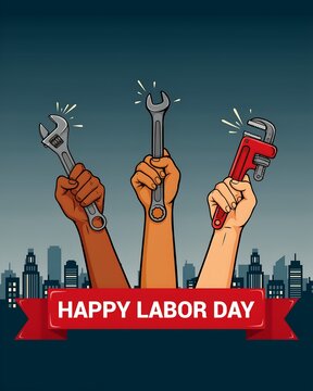 Diverse hands holding various mechanical tools against a city skyline for a happy labor day celebration