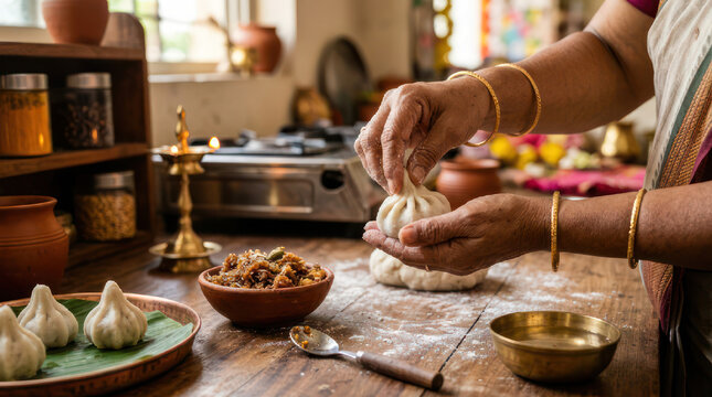 Woman hands making traditional Indian sweet modak in kitchen.