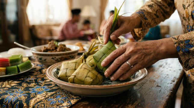 Woman hands preparing traditional rice cakes for celebration meal.