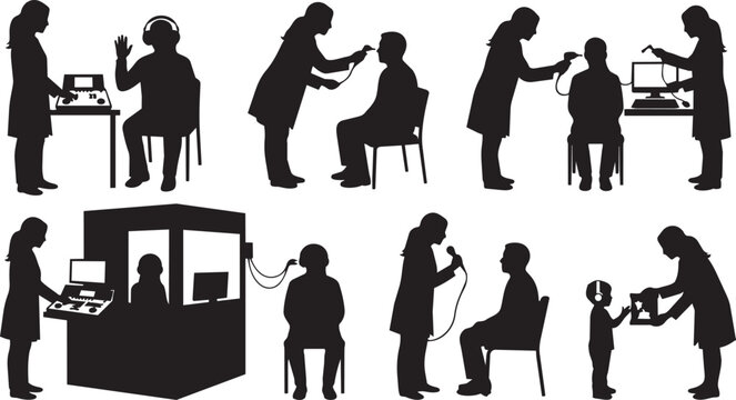 Audiology Clinic Scene: A collection of silhouettes depicting various audiology procedures, including hearing tests, audiograms, and hearing aid fitting, set in a clinic environment.