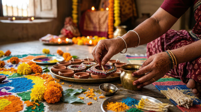 Woman performing Hindu puja ritual with oil lamps and flowers.