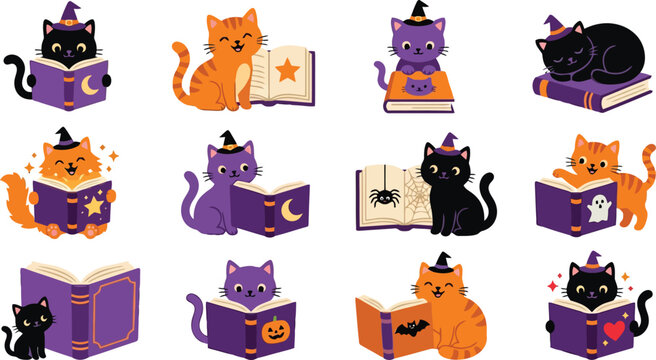 A set of twelve cute cartoon cats reading magical books, featuring various halloween themes and mystical symbols on white background