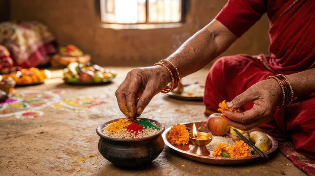Woman performing Hindu religious ritual with offerings and flowers.