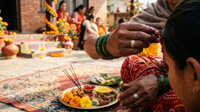 Woman performing Hindu religious ritual with offerings and incense sticks.