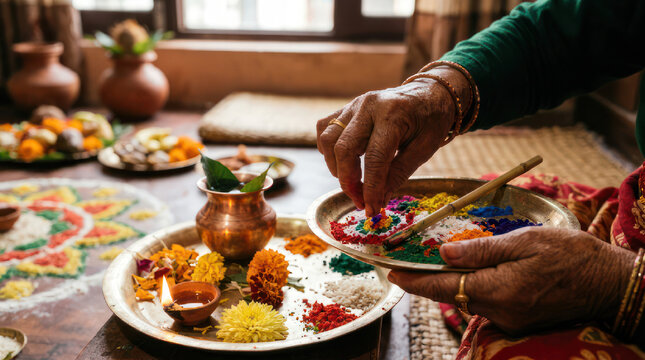 Woman preparing colorful powders for religious ceremony.
