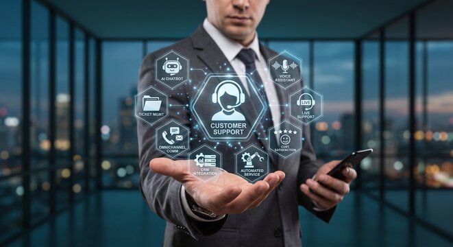 Customer service manager holding a holographic customer support and AI chatbot communication dashboard.