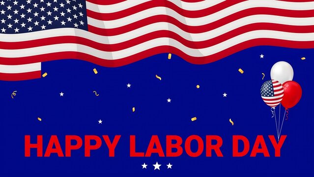 Happy labor day greeting card design with a waving american flag and festive colorful balloons background