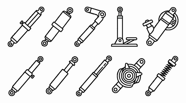 A collection of various automotive shock absorber and suspension component line art icons.