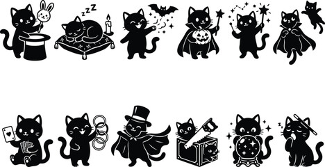 Set of cute black cat magician silhouettes performing magic tricks with hats, crystal balls, wands, and playing cards for halloween © Shahriar
