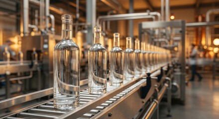 Fototapeta premium Modern automated glass bottle production line in a distillery