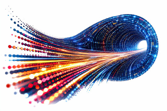 Abstract blue light streak with glowing particles on white background