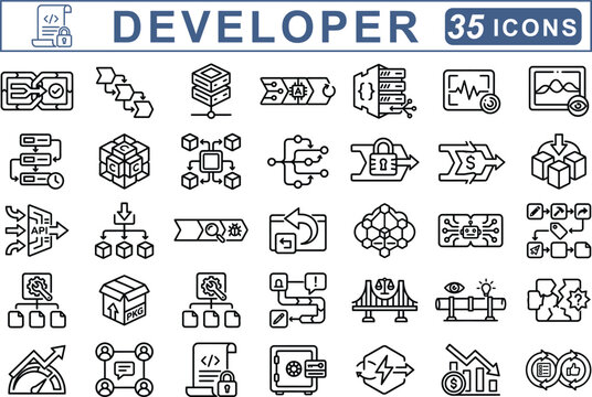 Developer Icons Collection Flat Line Art On White Background