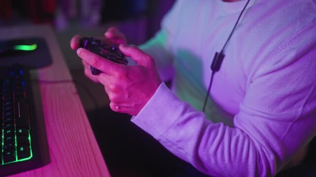 Man holding a game controller, fingers on buttons and thumbs on joysticks while wearing headset in studio; focus gaming.
