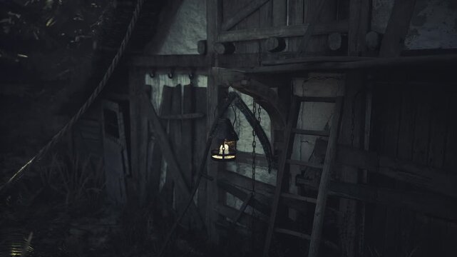 Lamp light on stable facade with ladder and wagon wheel, shadowed eaves and creeping ivy frame rustic entrance, quiet nocturnal farm atmosphere
