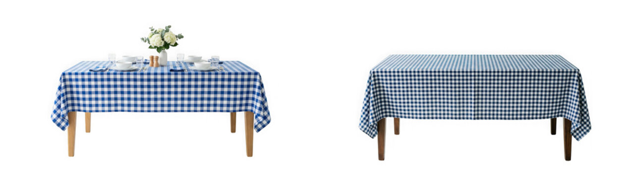Rectangular dining table covered with a blue and white checkered tablecloth isolated on transparent background