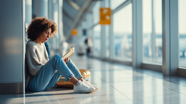 Young traveler reading a book while waiting at the airport terminal beside her suitcase. Calm travel, delayed flight and airport waiting concept.