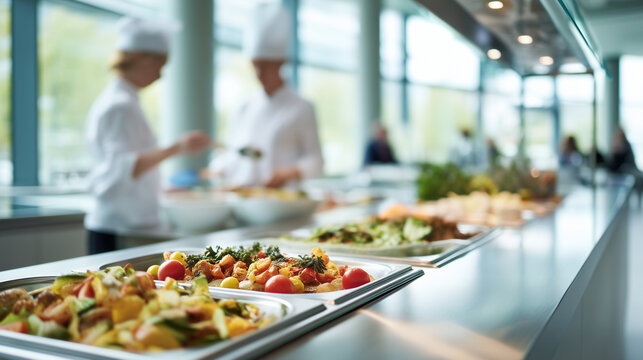 Colorful buffet dishes arranged in serving trays while chefs coordinate meal service. Professional catering environment with smooth background activity and fresh cuisine.