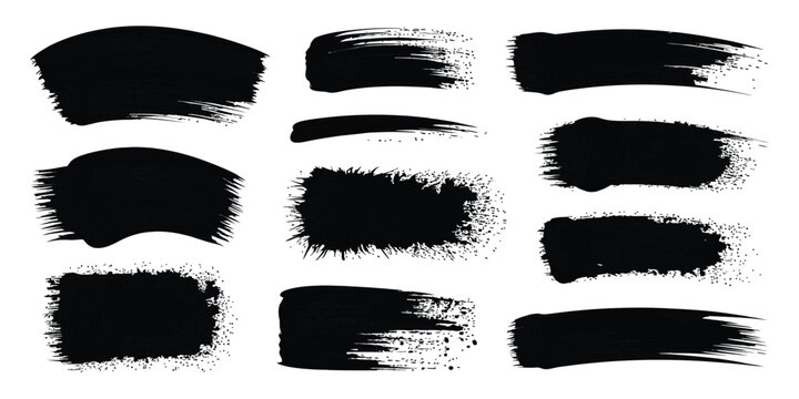 Collection of thick black ink brush strokes on white background hand drawn grunge textures for artistic design set of textured paint smudges for various creative layout options.