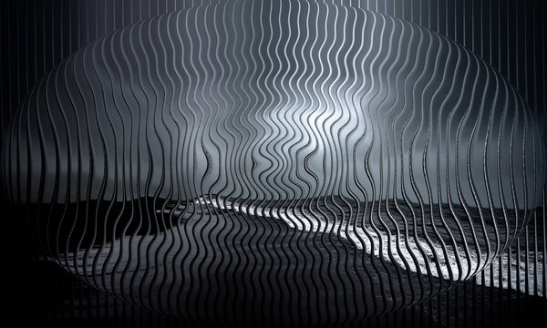 Abstract 3D spherical lens distortion with wavy lines and dark moody ocean view