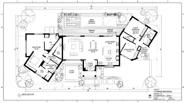 Architectural floor plan vector of a modern residential house, technical blueprint drawing with room labels, professional home construction layout