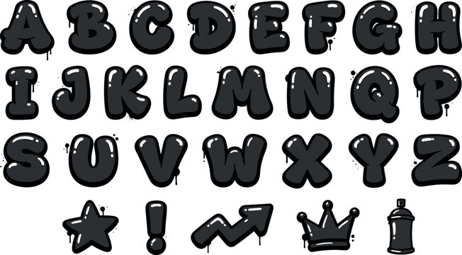 Graffiti Bubble Font Alphabet Vector Set with Black Glossy Letters and Street Art Design Elements