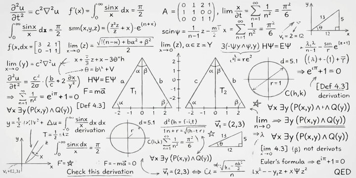 Complex mathematical formulas and geometric triangles diagrams written on a white board for scientific education