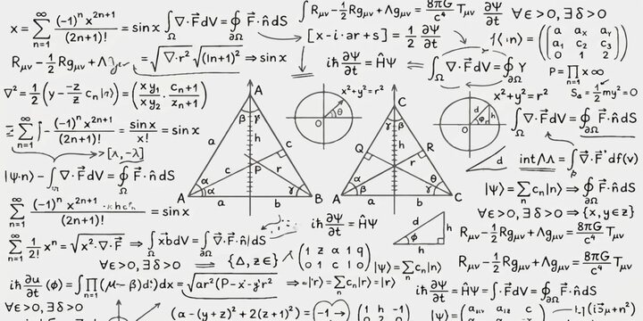 Advanced physics and mathematical equations with geometric illustrations written on a whiteboard for lecture, mathematics