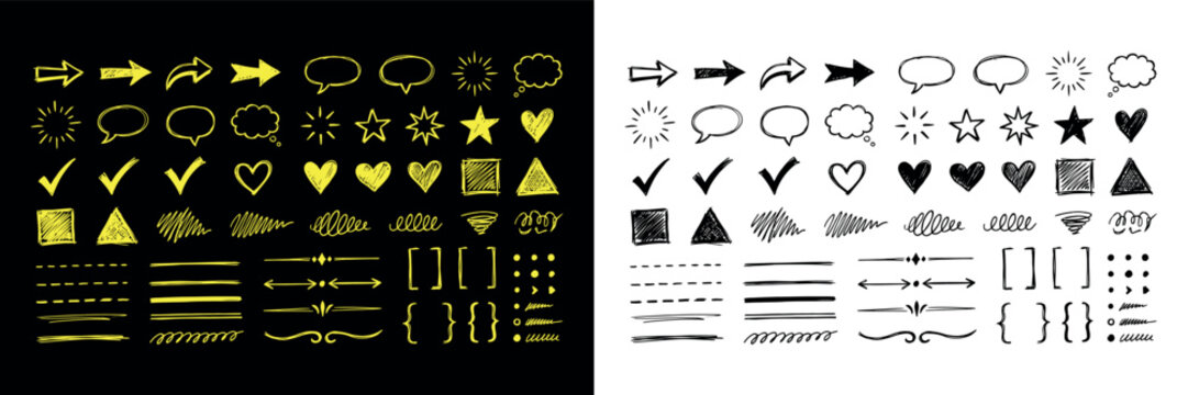 Hand drawn arrow and checkmark doodle set. Sketch speech bubble, star, underline stroke and bracket vector illustration.