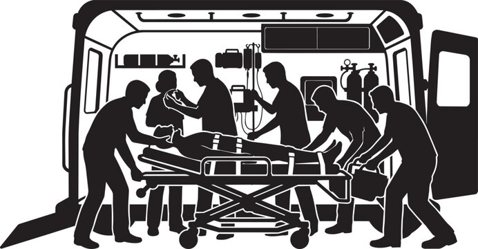 Emergency medical silhouette vector, paramedics treating patient in ambulance, first responders providing urgent healthcare and life support