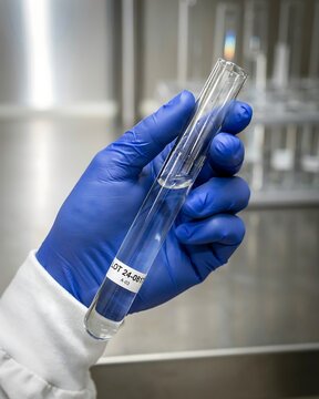 Scientist wearing blue protective gloves holding a clear glass test tube inside a modern medical laboratory