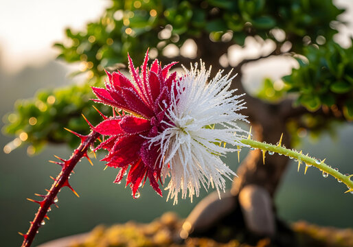 Vibrant red bottlebrush flower in full bloom. Close-up of exotic crimson blossom with delicate filaments against green foliage.