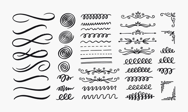 Vintage calligraphic flourish and divider doodle set. Hand drawn text swashes, corner ornaments, swirl lines black vector illustration.