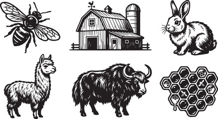 Set of black and white farm animals and symbols including a bee barn rabbit llama and a yak © Mahafuz