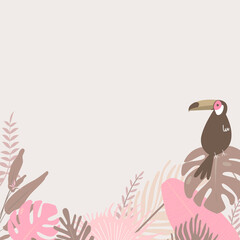Fototapeta premium Pastel toucan tropical leaf border, beige design