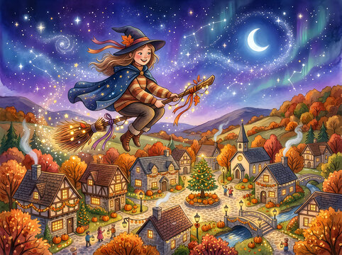 Little witch flying on a broomstick over a magical autumn village