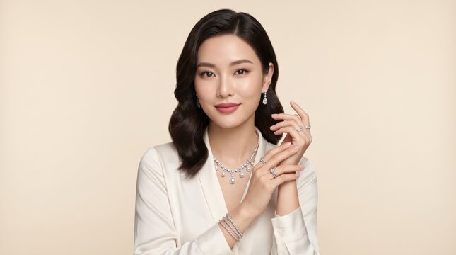 Elegant young asian woman wearing white blazer and diamond jewelry with high end necklace portrait sophisticated expensive accessory lifestyle professional attractive background expression