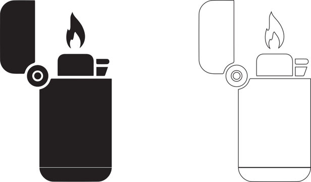Flip Top Lighter Vector Icon, Cigarette Lighter with Flame Outline and Silhouette Collection for Fire, Smoking Accessory and Ignition Design Isolated on White Background