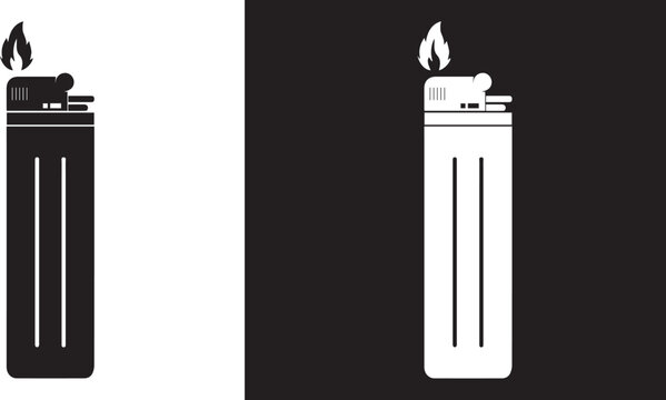 Flip Top Lighter Vector Icon, Cigarette Lighter with Flame Collection for Fire, Smoking Accessory and Ignition Design Isolated on White and black  Background
