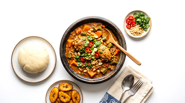 Authentic West African Peanut Stew With Chicken Fufu And Fried Plantains