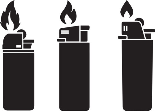 Flip Top Lighter Vector Icon, Cigarette Lighter with Flame Outline and Silhouette Collection for Fire, Smoking Accessory and Ignition Design Isolated on White Background