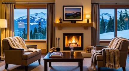 Fototapeta premium Cozy hotel room features fireplace with burning fire, two armchairs covered with soft knitted blankets. Large windows show scenic view of snowy mountains, pine forest outside. Coffee table with