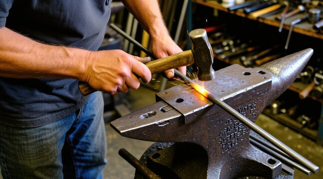 Blacksmith hits hot glowing metal rod with heavy hammer on steel anvil in rustic workshop. Skilled artisan performs manual forging work shaping iron piece. Bright sparks fly during traditional craft