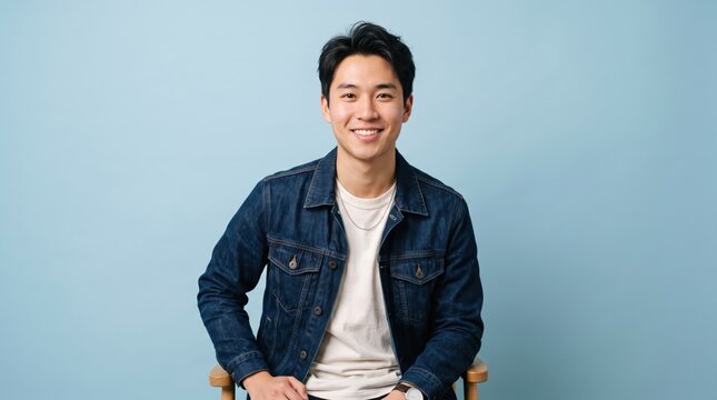 Young asian man in denim jacket smiling against light blue background with portrait background cheerful confident handsome friendly positive lifestyle clothing expression headshot gentleman