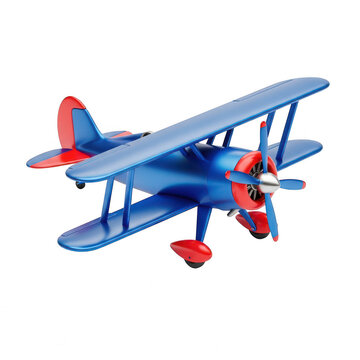 Vintage biplane with red and blue accents flying in the sky
