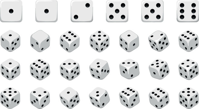 White Casino Dice 3D Vector Icon Set with Rolling Angles and Flat Game Cube Faces