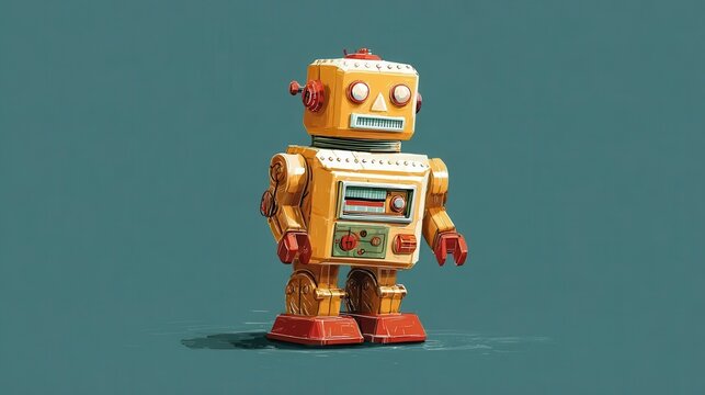 A retro-style depiction of a vintage robot toy, rendered with warm colors and a teal background, evoking a nostalgic mood.
