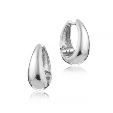 High-quality product photography of a pair of shiny silver hoop earrings with reflection, isolated on a clean white background for jewelry design retail.