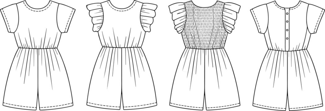 Technical fashion flat sketch showing front and back views of buttoned and smocked playsuits with ruffled sleeves.