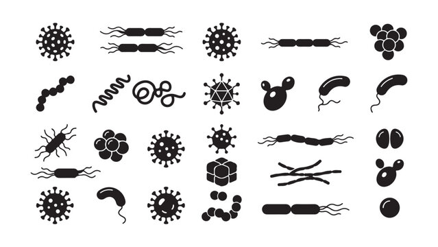 Set of Microbe and Bacteria Silhouette Icons for Science and Medicine