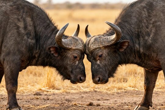 Two African buffalo locking horns in the savanna